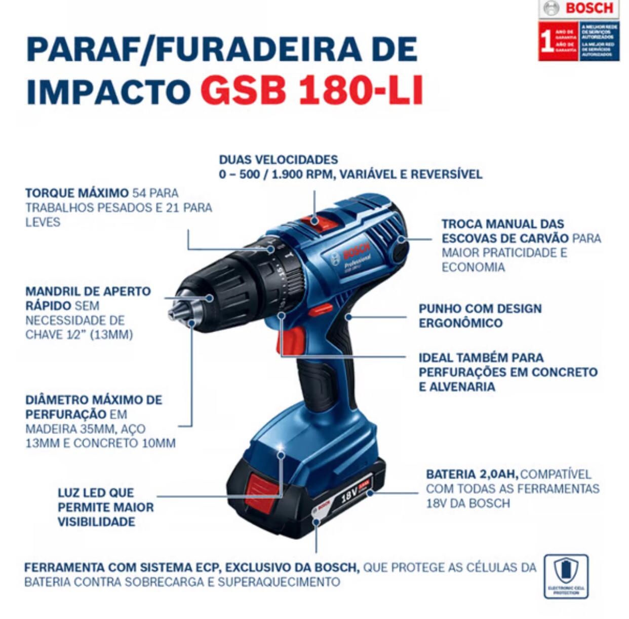 Furadeira e Parafusadeira de Impacto a Bateria Bosch com Carregador e Bateria 18V 1/2" GSB 180-Li Bivolt